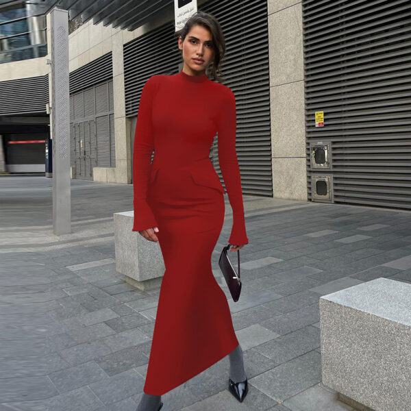 High Collar Long Sleeves Back Slit Maxi Dress