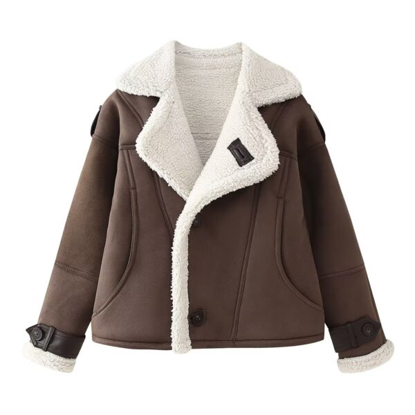 Women Polo Collar Suede Warm Lamb Wool Jacket - Image 2