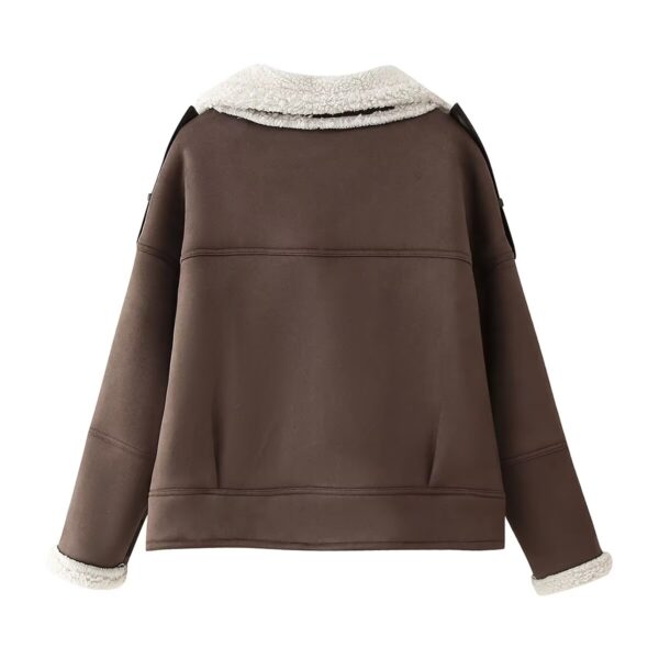 Women Polo Collar Suede Warm Lamb Wool Jacket - Image 3