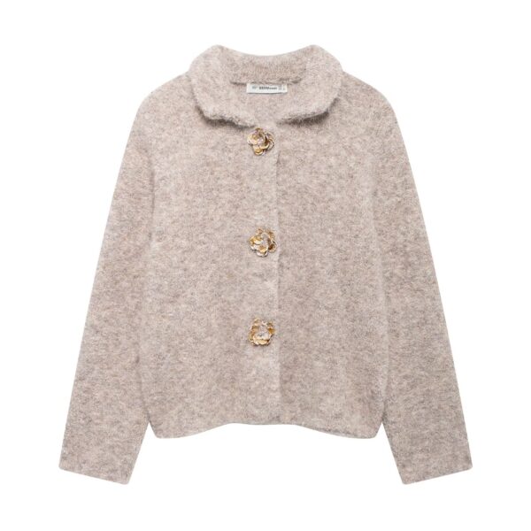 Elegant Knitted Cardigan Floral Button - Image 3