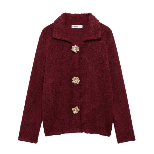 Elegant Knitted Cardigan Floral Button - Image 4