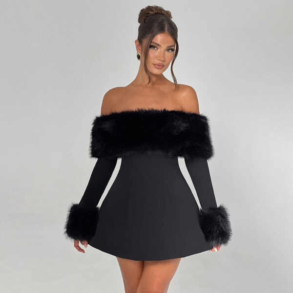 Sexy Fur Collar off Shoulder Slim Slimming A line Dress