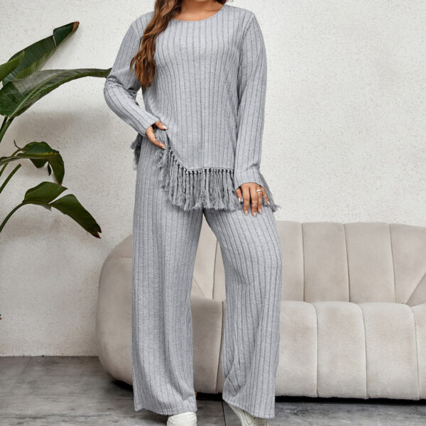 Plus Size Irregular Asymmetric Tassel Long Sleeved Top Loose Wide Leg Pants Suit - Image 2