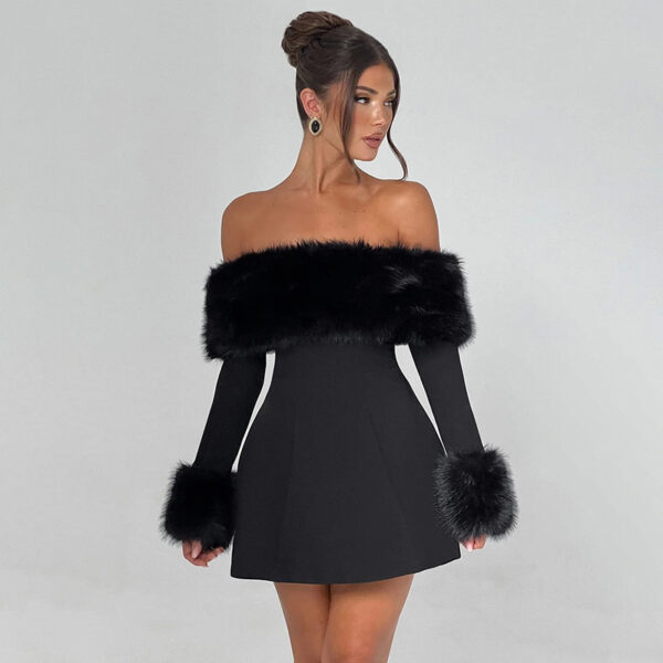 Sexy Fur Collar off Shoulder Slim Slimming A line Dress - Image 3