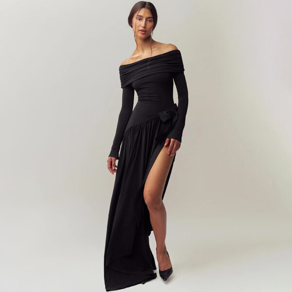 Sexy off Shoulder Hollow Out Cutout Long Sleeve Split Dress - Image 4