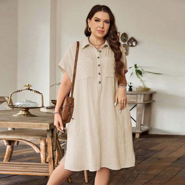 Plus Size Turn down Collar Short Sleeve Solid Color Dress - Image 4