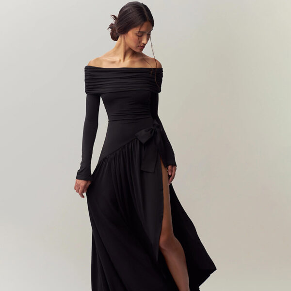 Sexy off Shoulder Hollow Out Cutout Long Sleeve Split Dress - Image 3