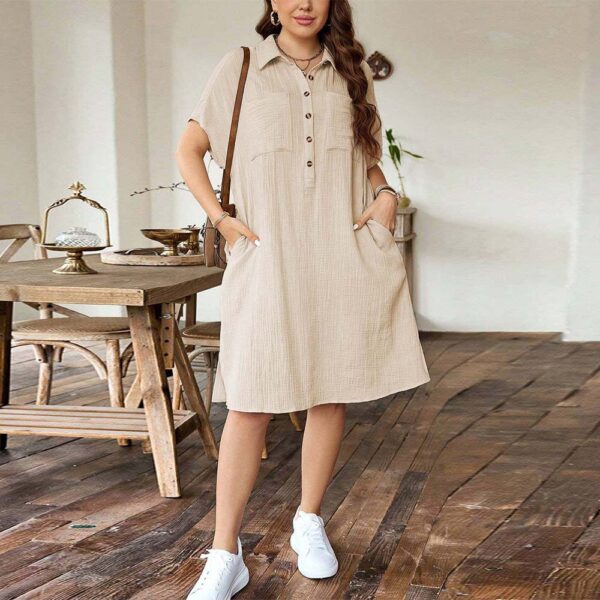 Plus Size Turn down Collar Short Sleeve Solid Color Dress - Image 3