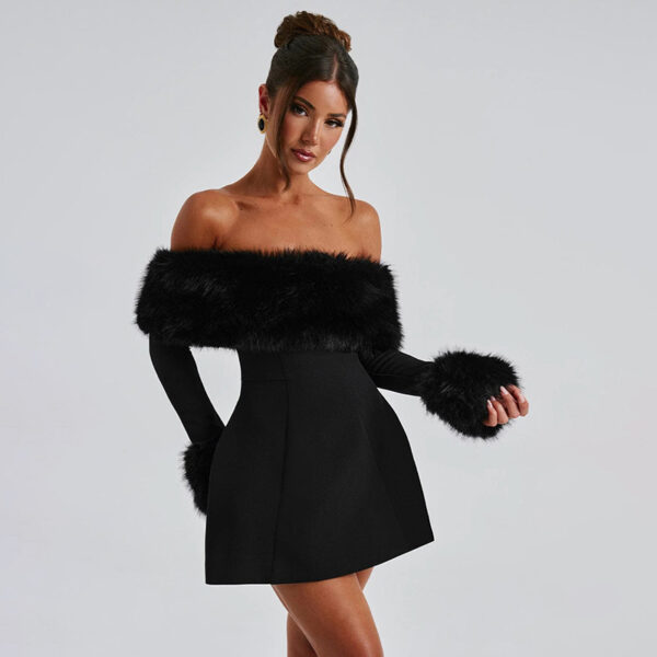 Sexy Fur Collar off Shoulder Slim Slimming A line Dress - Image 2