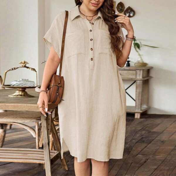 Plus Size Turn down Collar Short Sleeve Solid Color Dress