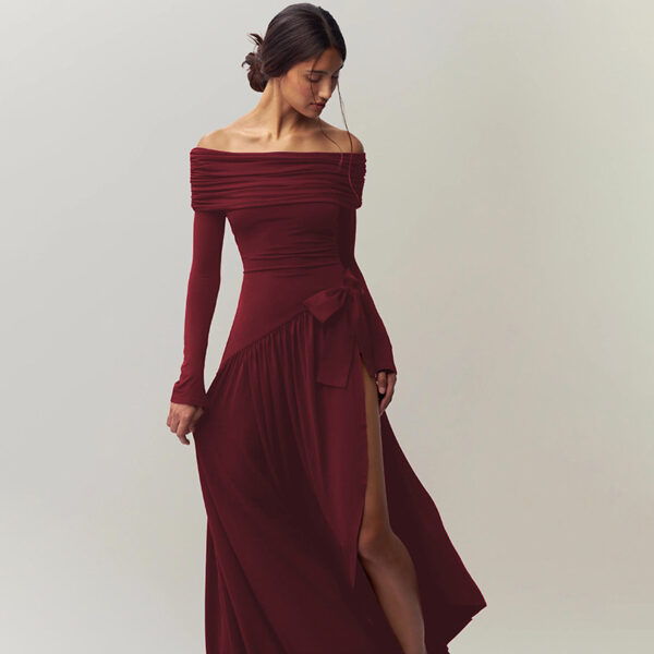 Sexy off Shoulder Hollow Out Cutout Long Sleeve Split Dress