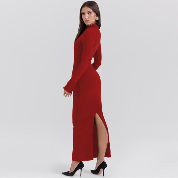 High Collar Long Sleeves Back Slit Maxi Dress - Image 2