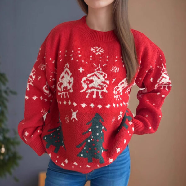 Christmas Red Sweater with printed Tree Jacquard