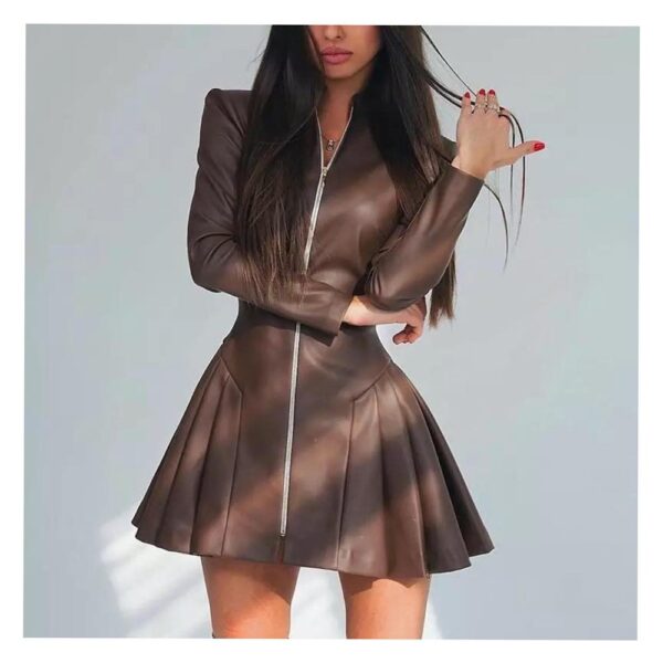 Long Sleeve Pleated Faux Leather Zipper Dress