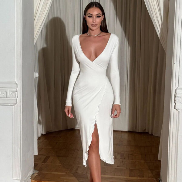 Deep V Plunge Long Sleeve Waist Tight High Slit Sexy Dress