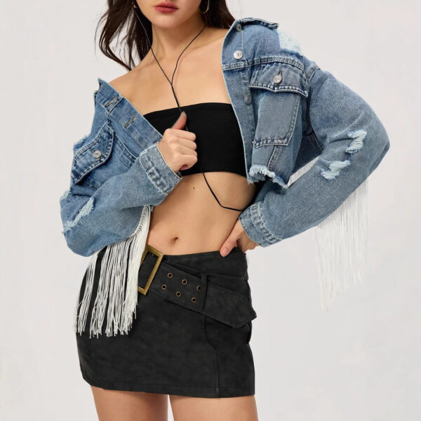 Personalized Street Short Tassel Ripped Denim Coat - Image 4