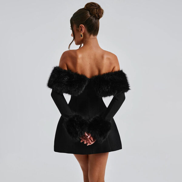 Sexy Fur Collar off Shoulder Slim Slimming A line Dress - Image 4