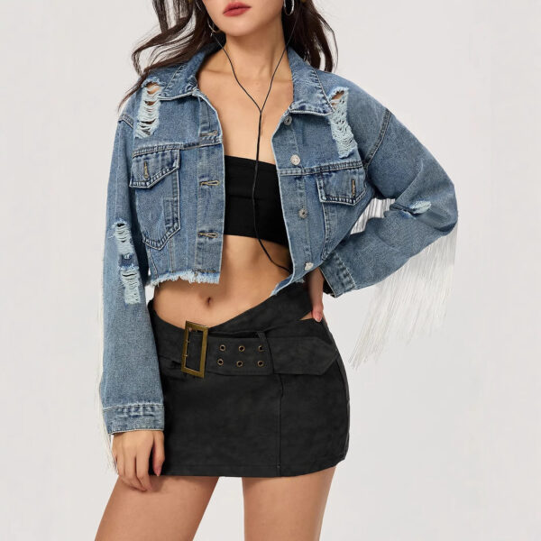 Personalized Street Short Tassel Ripped Denim Coat - Image 3