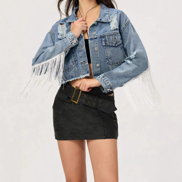 Personalized Street Short Tassel Ripped Denim Coat - Image 2